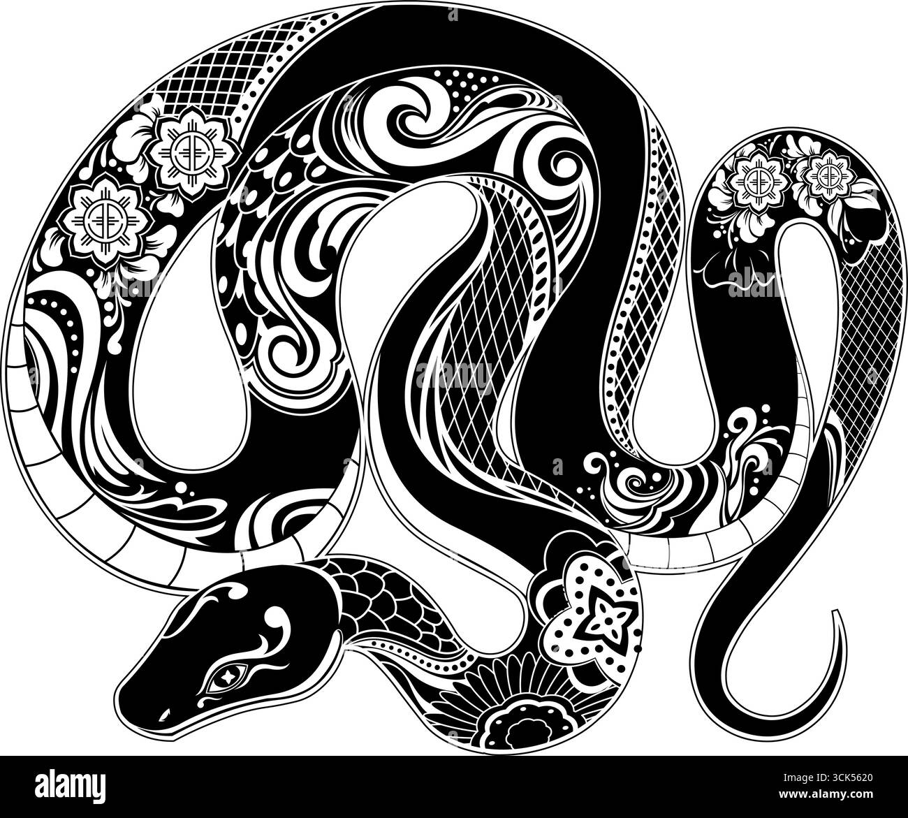 Année du serpent 2025 serpent noir chinois traditionnel avec motifs floraux décoratifs. Illustration vectorielle dessinée à la main Illustration de Vecteur