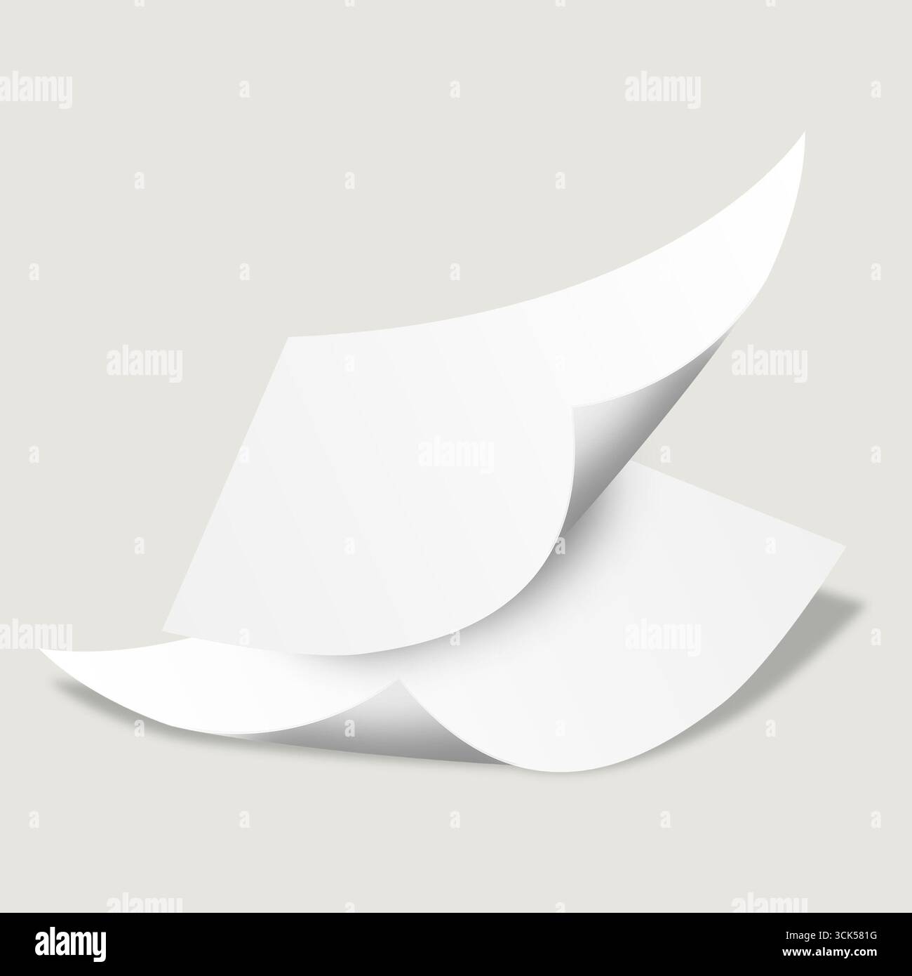 Une représentation stylisée de feuilles de papier blanc qui se chevauchent, suggérant du mouvement ou un élément de design dynamique. Banque D'Images