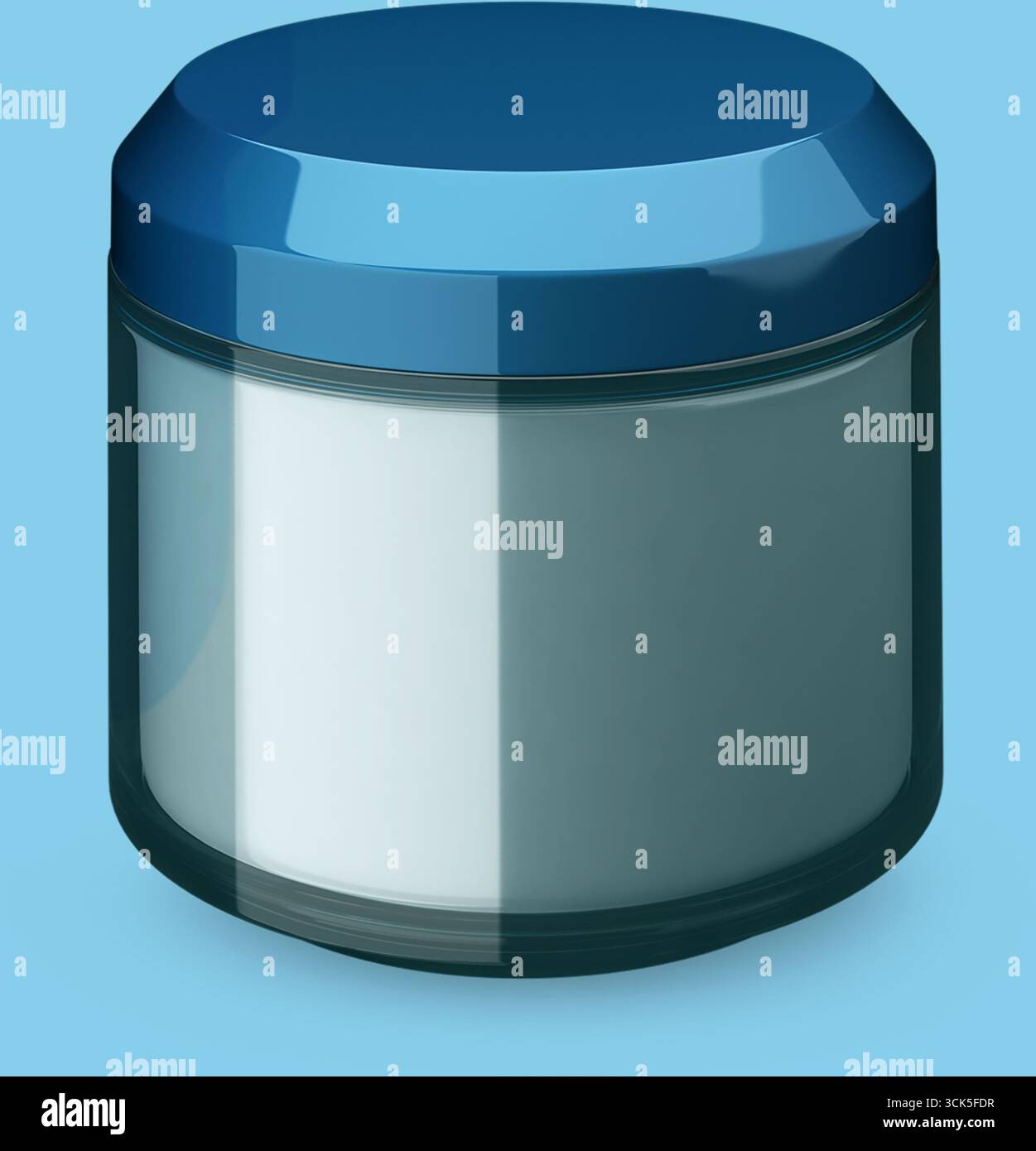 Pot brillant à couvercle bleu contenant une substance blanche, susceptible d'être utilisé à des fins cosmétiques ou médicinales. Banque D'Images