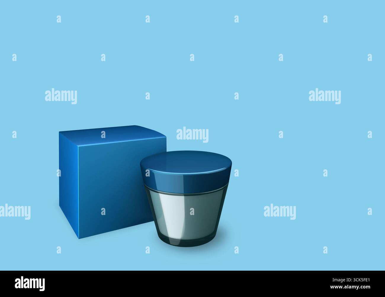 Un pot bleu avec un couvercle à côté d'une boîte bleue, représentant un emballage ou un produit cosmétique. Banque D'Images