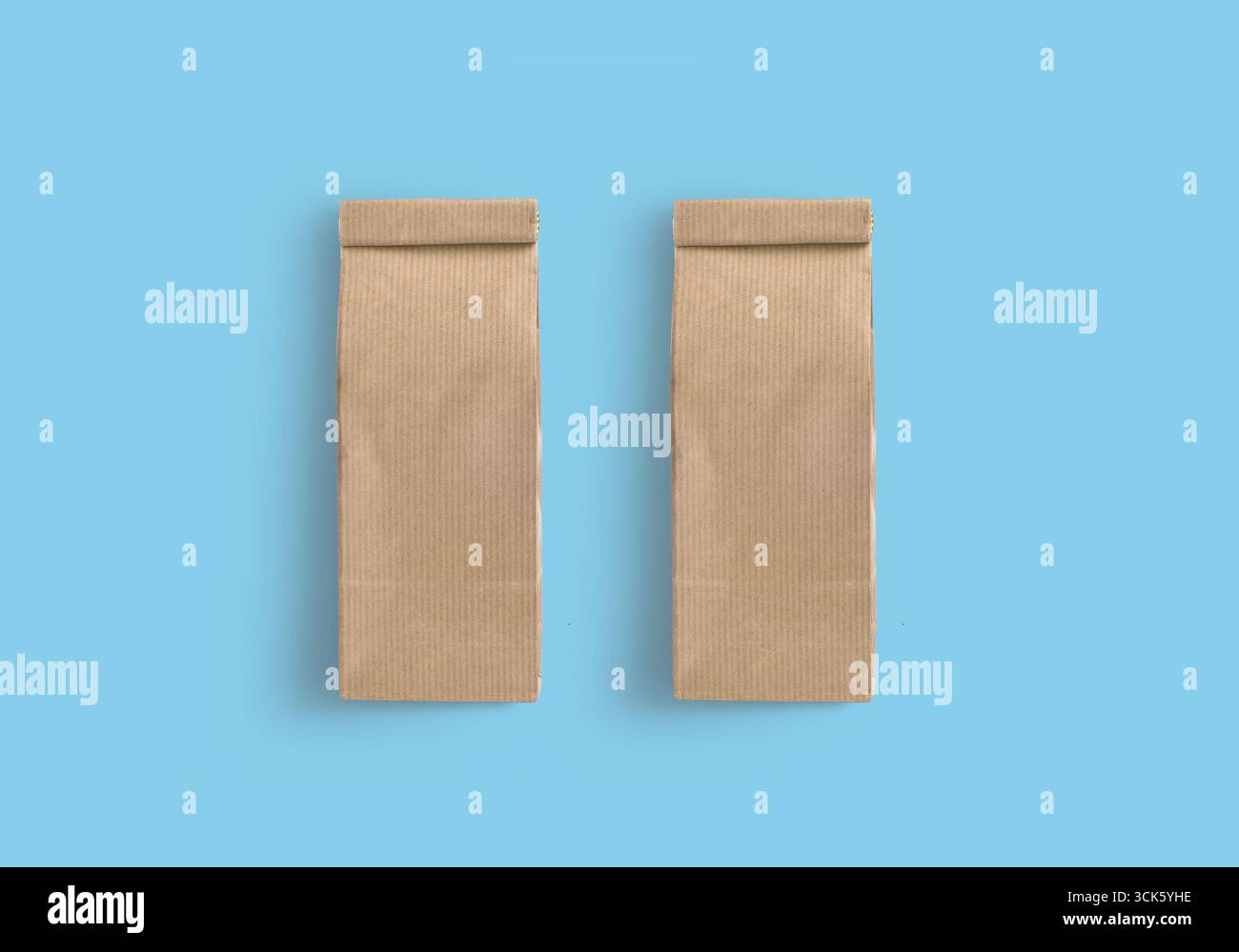 Deux sacs en papier brun avec dessus plié, généralement utilisés pour emballer des aliments ou de petits objets. Banque D'Images