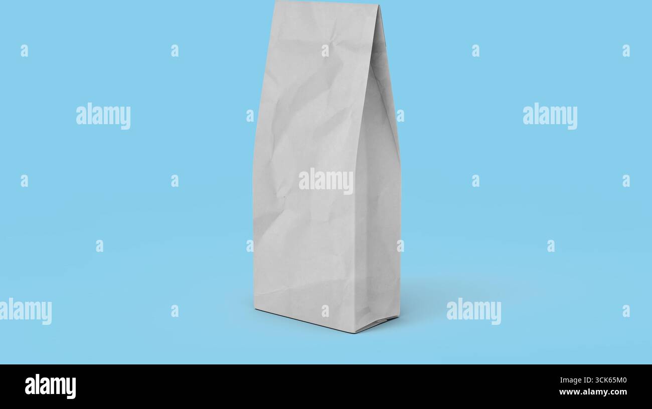 Sac en papier blanc plissé, ordinaire, souvent utilisé pour emballer des aliments ou d'autres articles. Banque D'Images