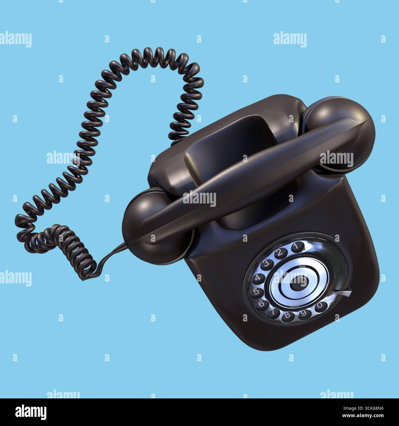 Un téléphone rotatif noir classique avec un cordon enroulé, symbolisant la technologie de communication vintage. Banque D'Images