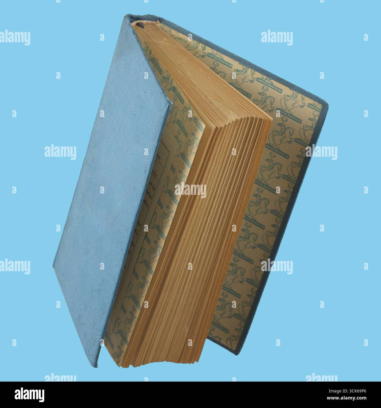 Un livre fermé avec une couverture bleu clair et des pages aux bords dorés, suggérant un design classique ou vintage. Banque D'Images