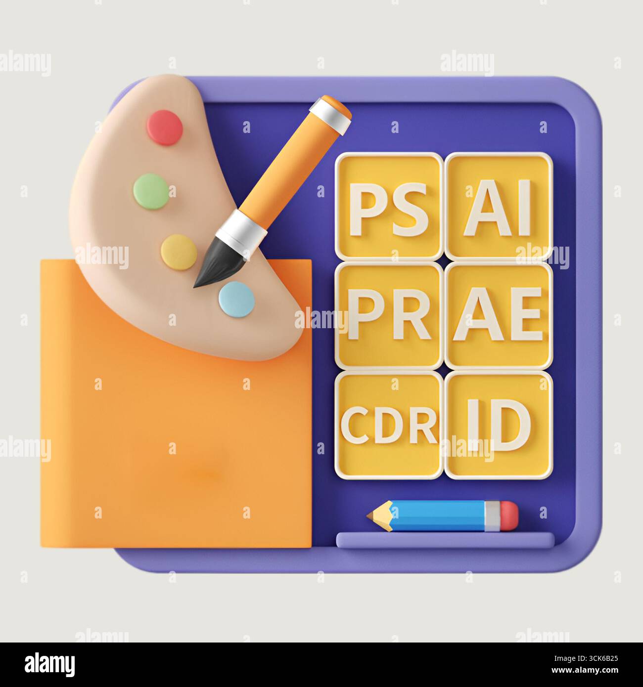 Un espace de travail design coloré avec une palette, un crayon et des carreaux de lettres pour des projets créatifs. Banque D'Images