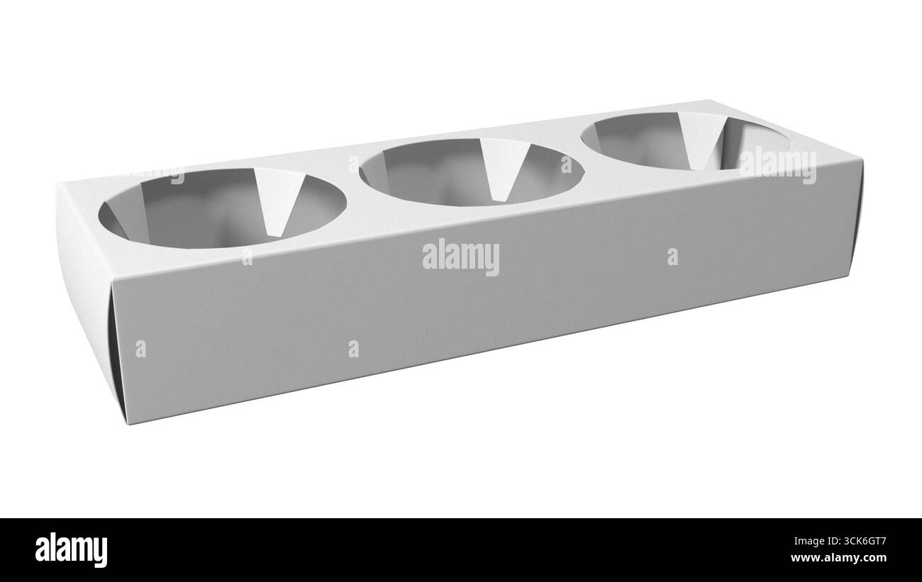 Un plateau blanc élégant conçu pour contenir trois récipients circulaires, idéal pour servir des collations ou des sauces. Banque D'Images