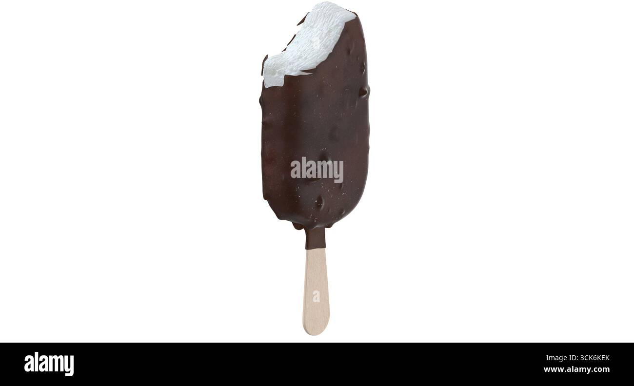 Une barre de crème glacée enrobée de chocolat sur un bâton de bois, présentant une délicieuse friandise glacée parfaite pour les journées chaudes. Banque D'Images