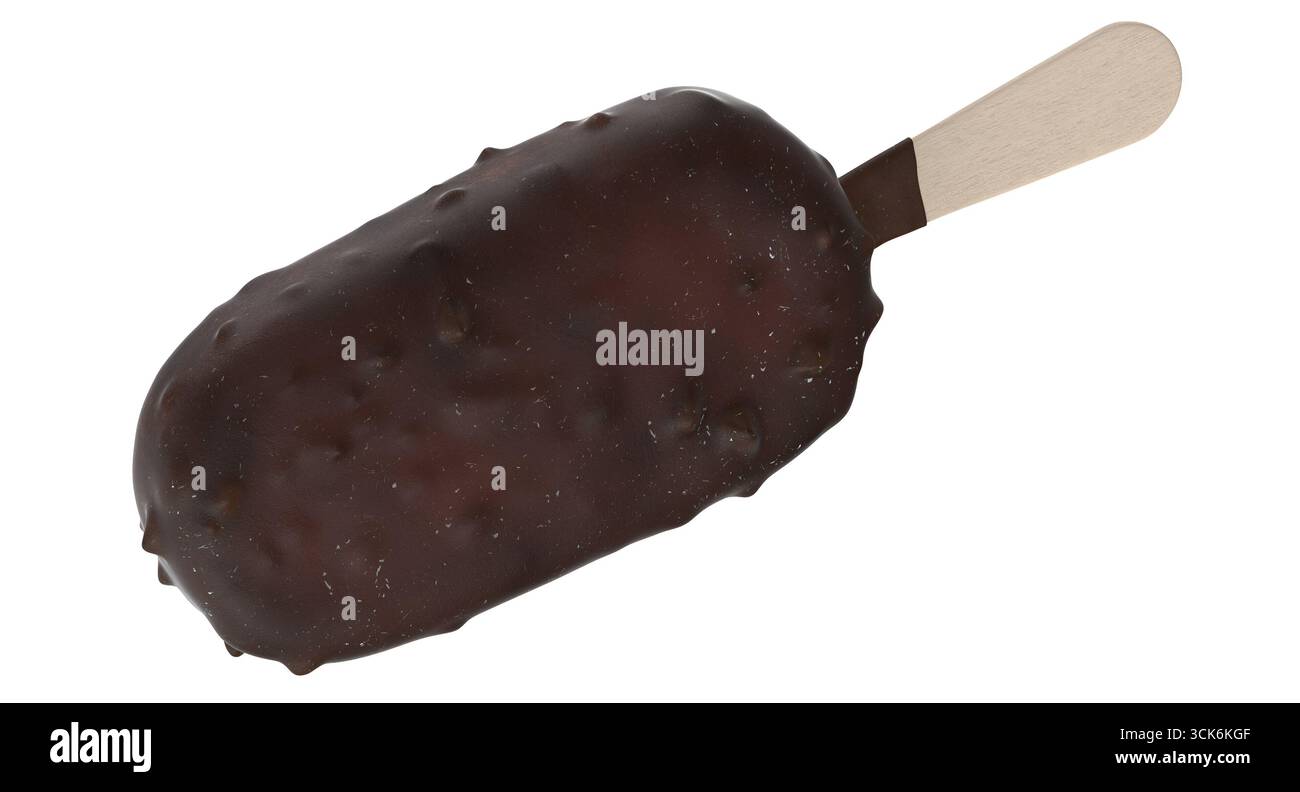 Une barre de crème glacée enrobée de chocolat sur un bâton de bois, présentant une délicieuse friandise glacée parfaite pour les journées chaudes. Banque D'Images