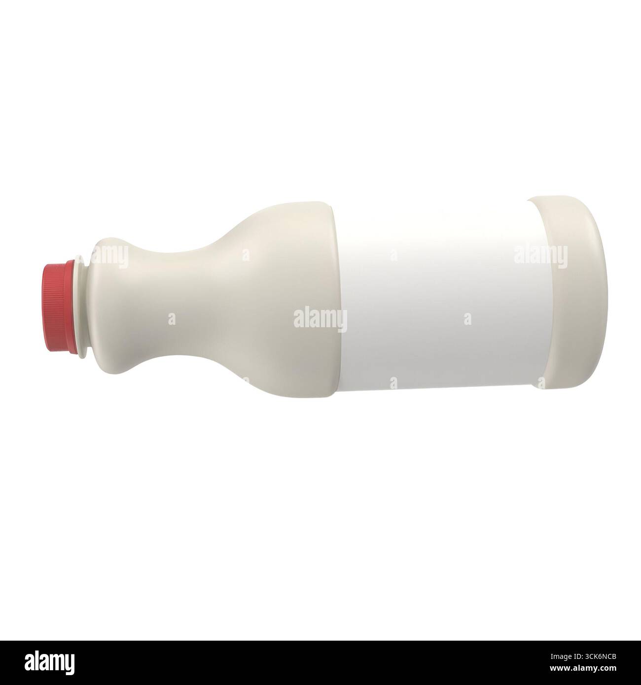 Une bouteille simple avec un bouchon rouge, conçue pour contenir du liquide, éventuellement un condiment ou une sauce. Banque D'Images