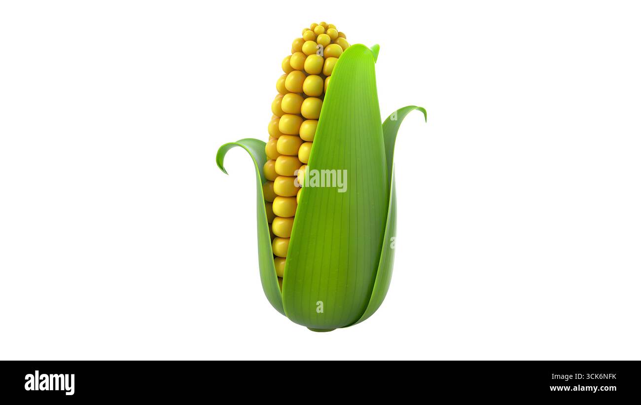 Illustration d'un épi de maïs avec des grains jaune vif et des enveloppes vertes, représentant l'alimentation et l'agriculture. Banque D'Images