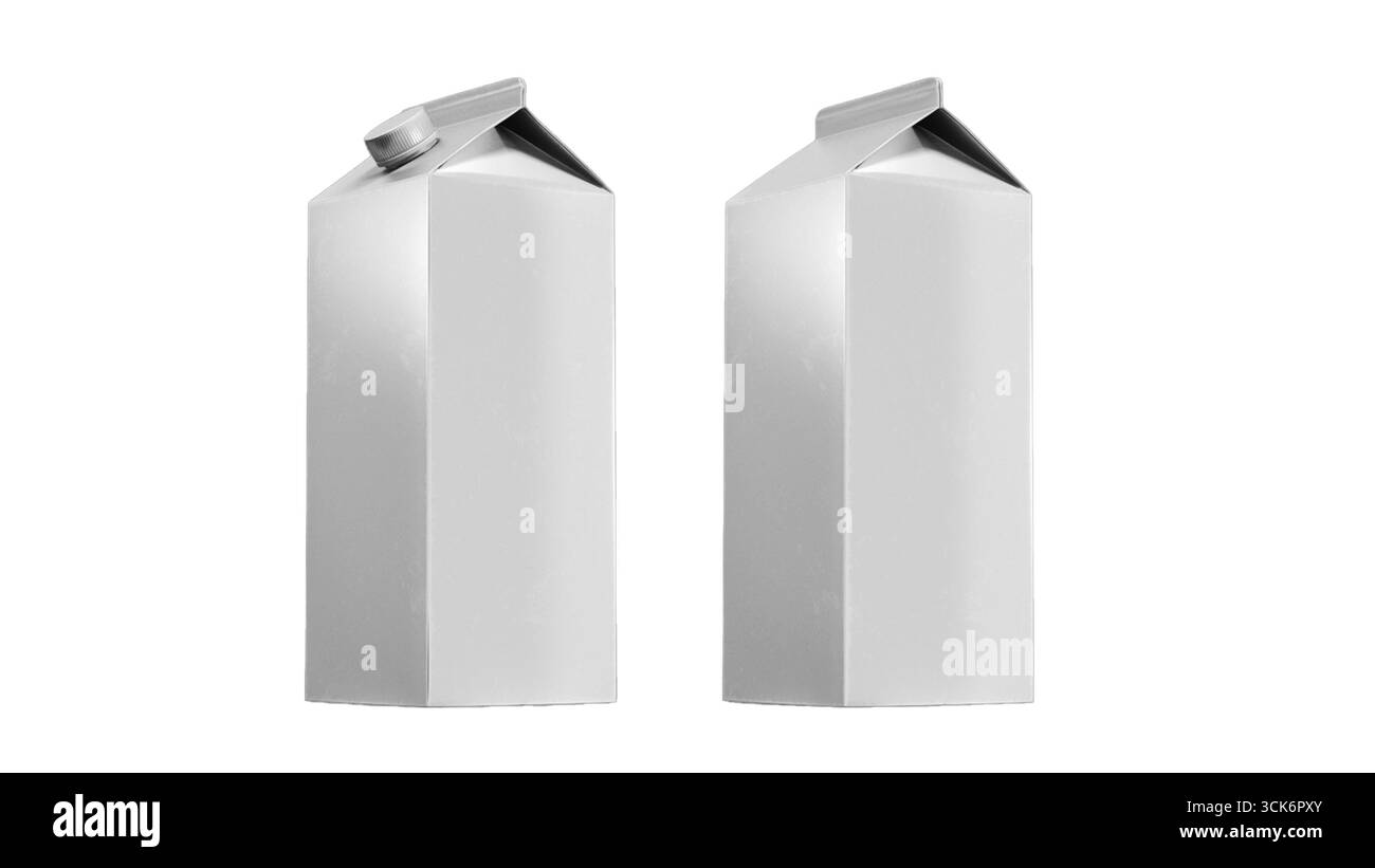 Deux cartons de lait blancs au design simple, présentant leur forme et leur mécanisme d'ouverture. Banque D'Images