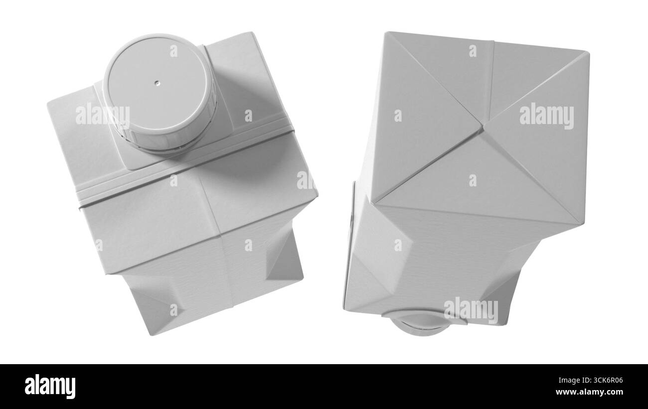 Une paire de cartons de lait blancs vides au design classique, mettant en valeur leur forme tétraédrique et leur fermeture. Banque D'Images