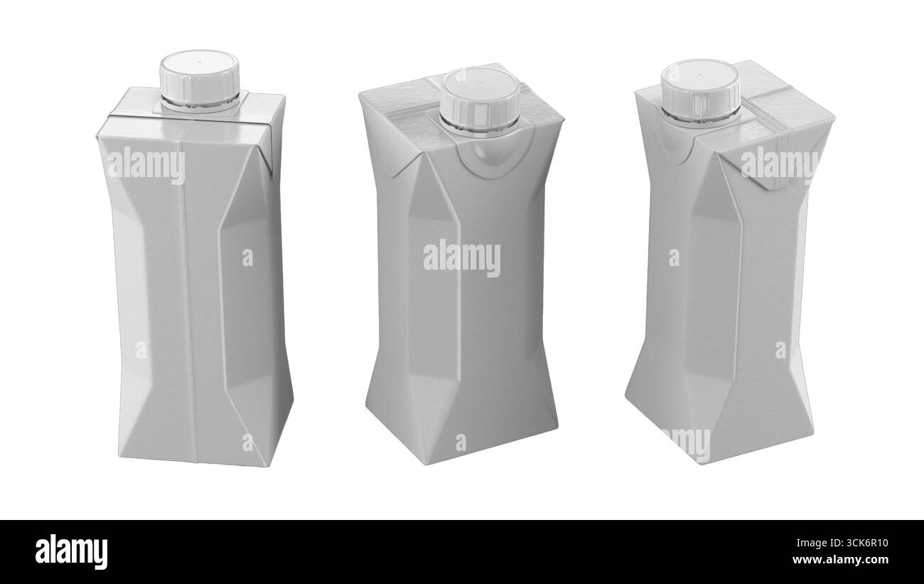 Trois récipients de forme géométrique avec bouchons à vis, probablement pour boissons ou produits liquides. Banque D'Images