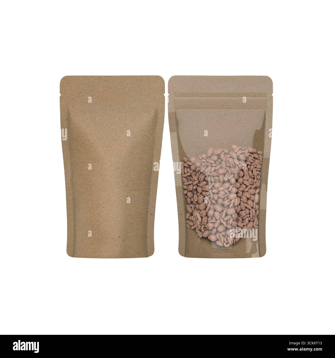 Deux modèles d'emballage pour les grains de café, l'un avec une fenêtre transparente montrant les grains à l'intérieur. Banque D'Images