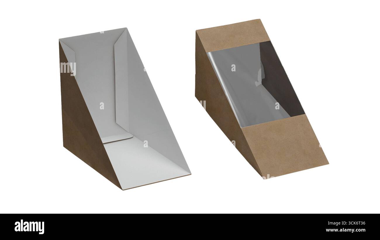 Deux boîtes d'emballage en papier inclinées, une avec une fenêtre transparente pour la visibilité. Banque D'Images