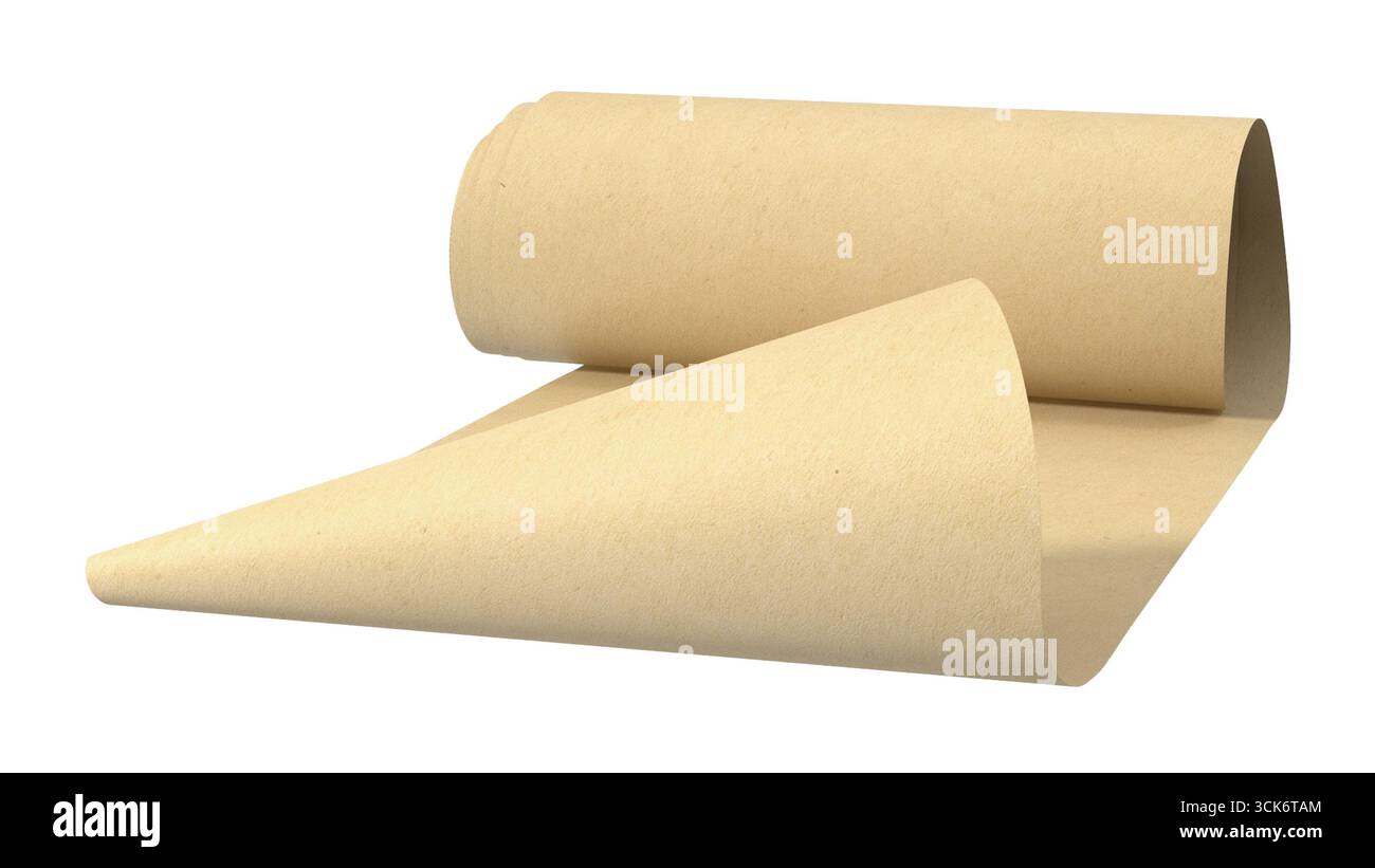 Une feuille de papier brun enroulée, partiellement déroulée, mettant en valeur sa texture et sa forme. Banque D'Images