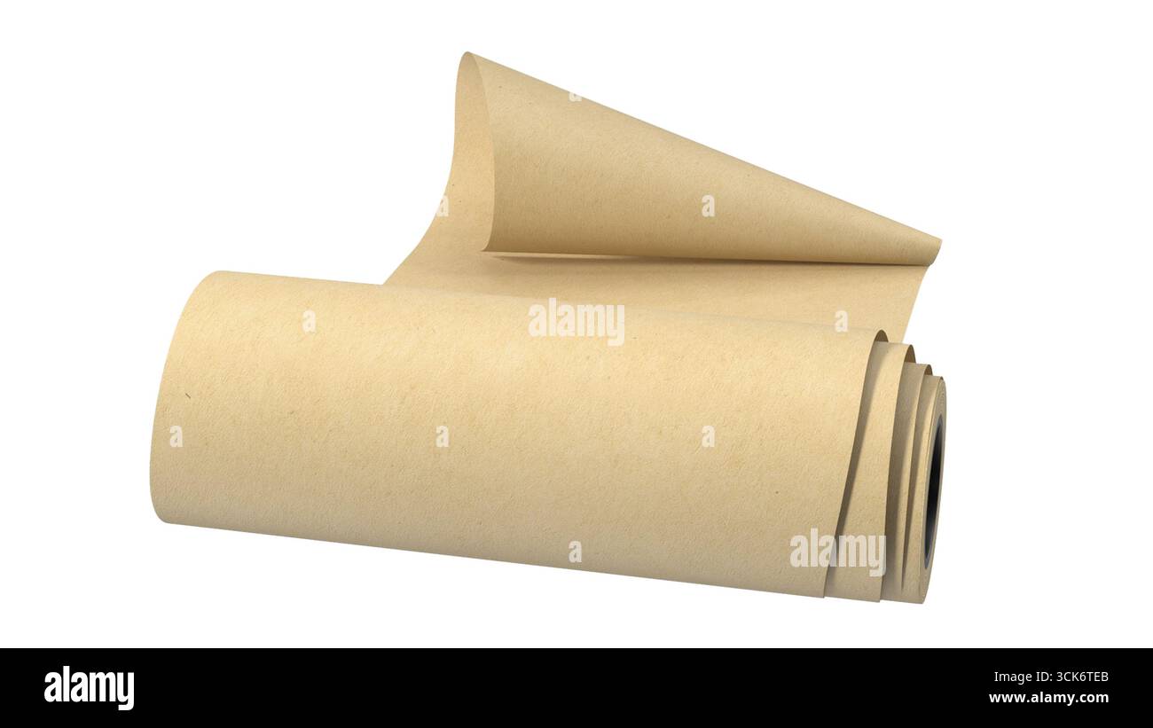 Une feuille de papier brun enroulée, mettant en valeur sa texture et sa flexibilité, souvent utilisée pour l'artisanat ou l'emballage. Banque D'Images