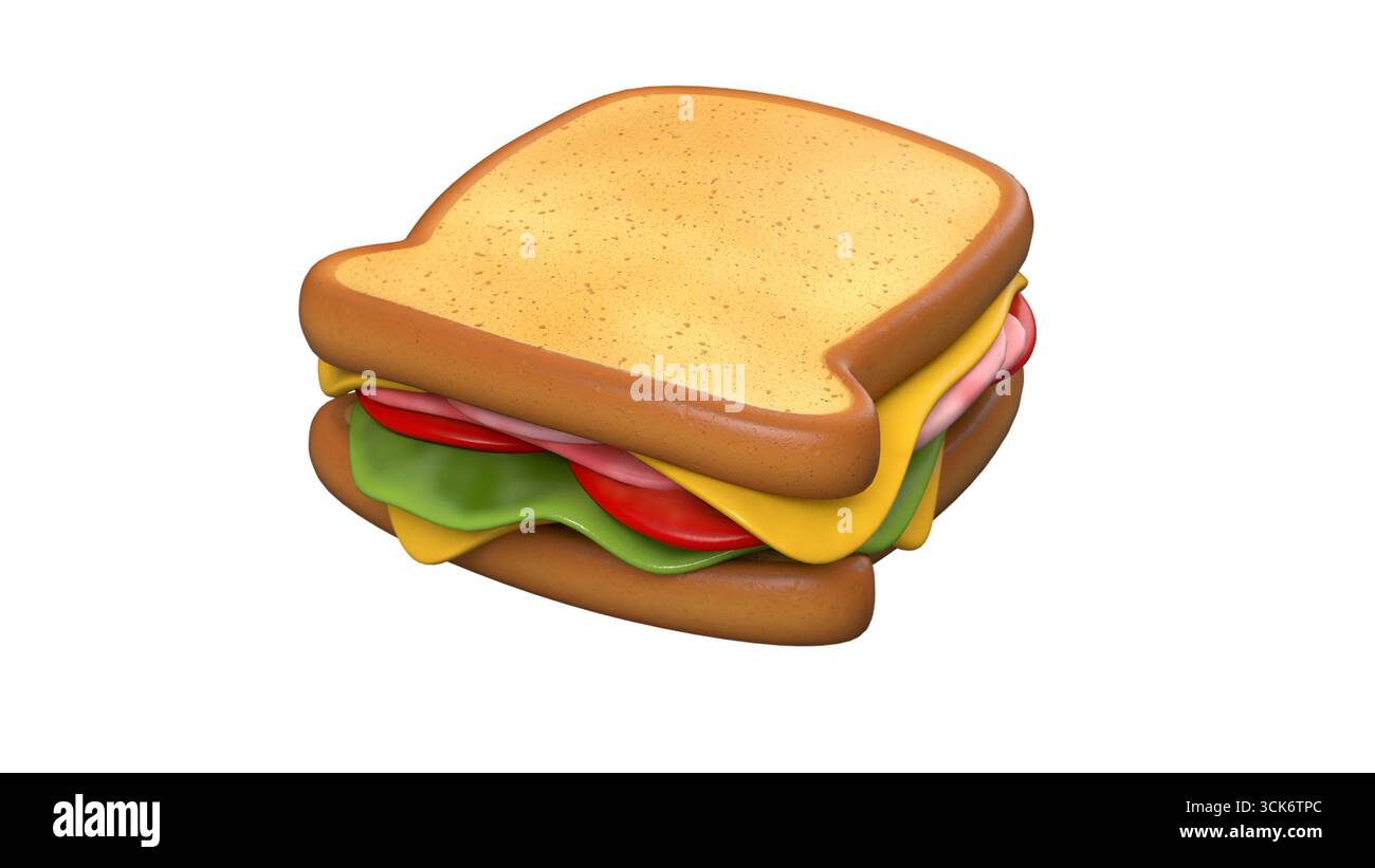 Un sandwich de style dessin animé empilé avec des couches de laitue, tomate, fromage et charcuterie, présentant un design coloré et appétissant. Banque D'Images