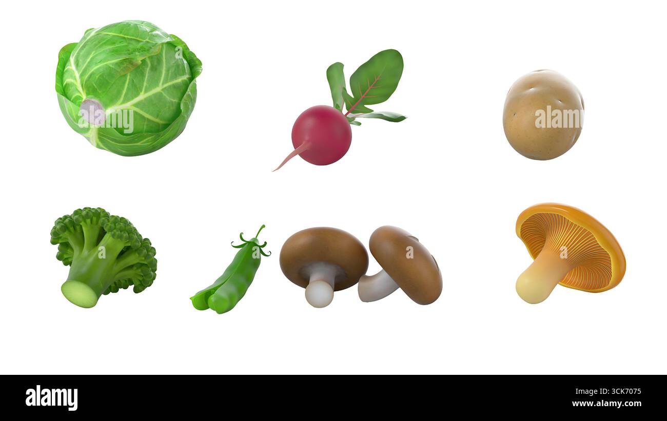 Une collection de divers légumes, y compris le chou, le radis, le brocoli et les champignons, mettant en valeur les produits frais. Banque D'Images