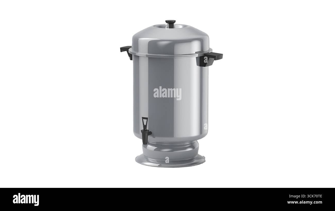 Une urne brillante en acier inoxydable avec couvercle et robinet, utilisée pour servir des boissons chaudes. Banque D'Images