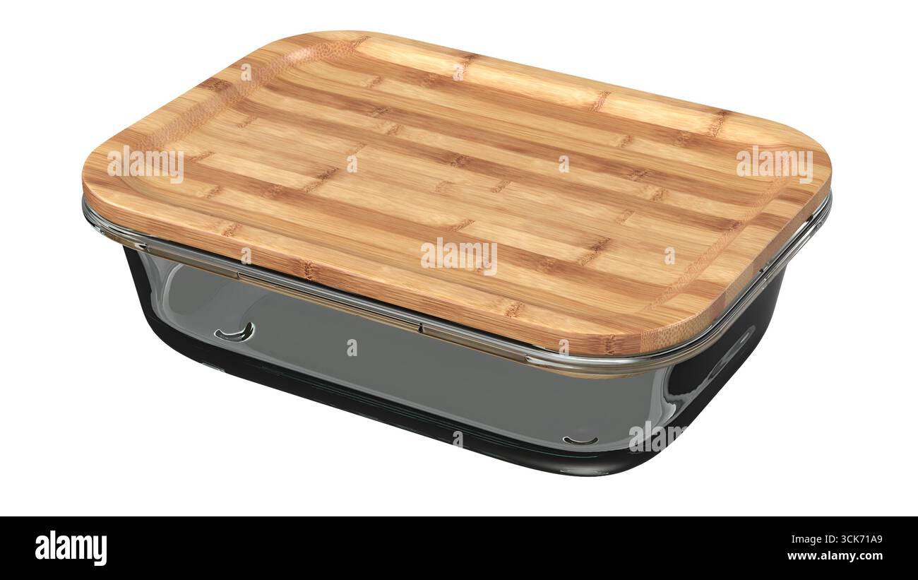Un récipient de stockage en verre avec un couvercle en bambou, idéal pour le stockage des aliments et la préparation des repas. Banque D'Images