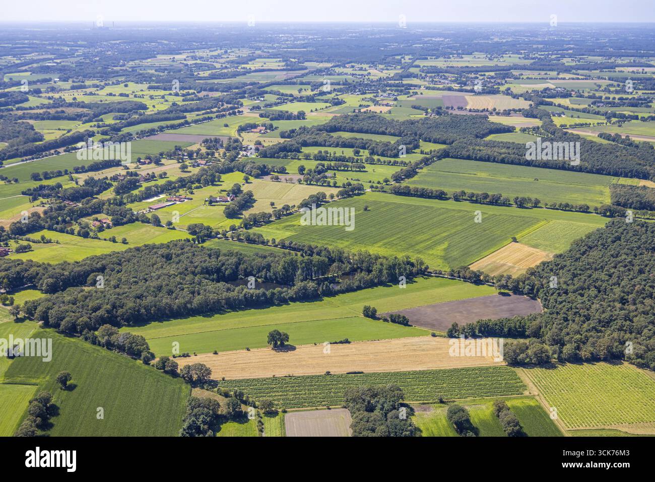Vue aérienne, prairies et champs et fermes le long de la route fédérale B58 avec vue lointaine, zone boisée avec ASV Rotfeder Alpen e.V. Teich-Anlage Zum Gewï¿½ Banque D'Images