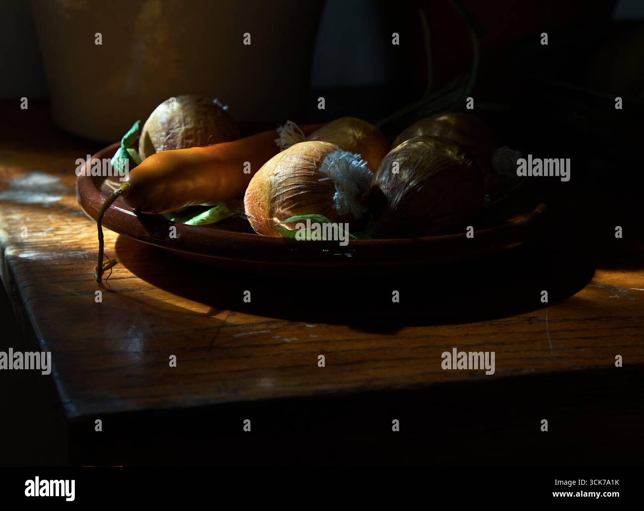 Une exposition de musée de fruits en plastique dans Un bol en grès illuminé dans Un effet Chiaroscuro par la lumière du soleil à partir d'Une seule fenêtre, Musée Totnes, Totnes, Banque D'Images