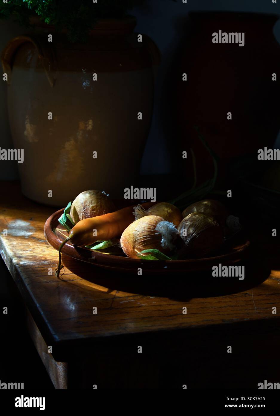 Une exposition de musée de fruits en plastique dans Un bol en grès illuminé dans Un effet Chiaroscuro par la lumière du soleil à partir d'Une seule fenêtre, Musée Totnes, Totnes, Banque D'Images