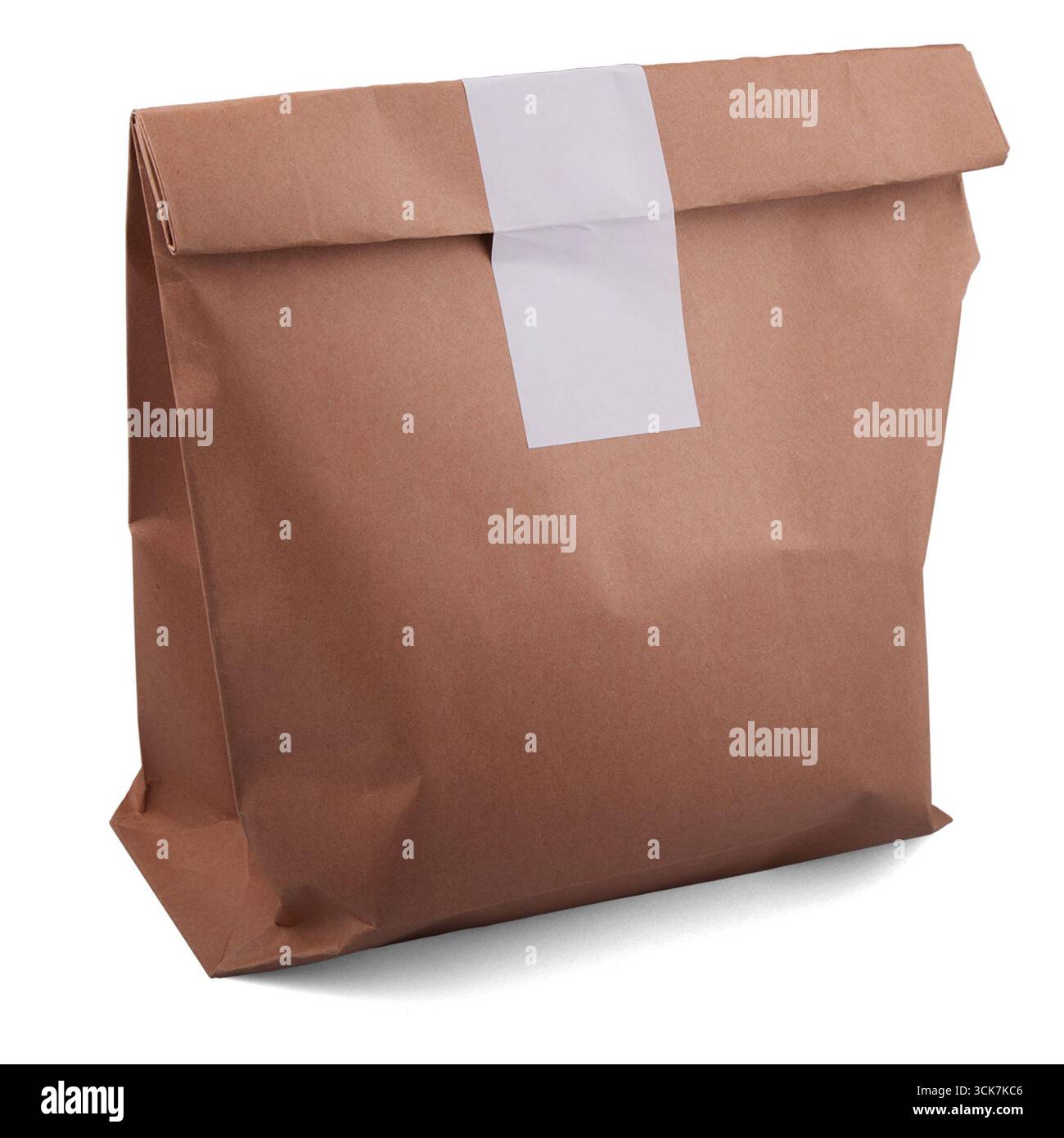 Un sac en papier brun avec une étiquette blanche, souvent utilisé pour l'emballage ou les articles à emporter. Banque D'Images