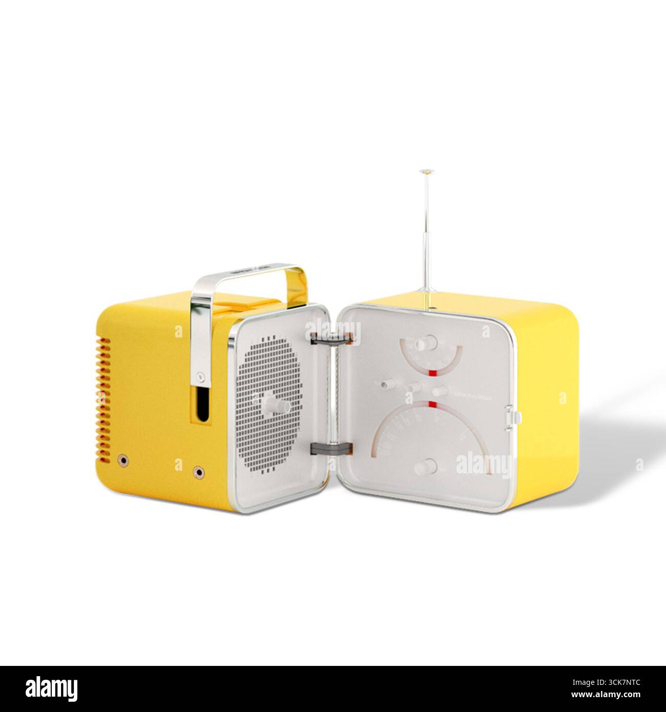 Une radio jaune de style vintage avec une porte ouverte, mettant en vedette son haut-parleur et cadrans de syntonisation. Banque D'Images