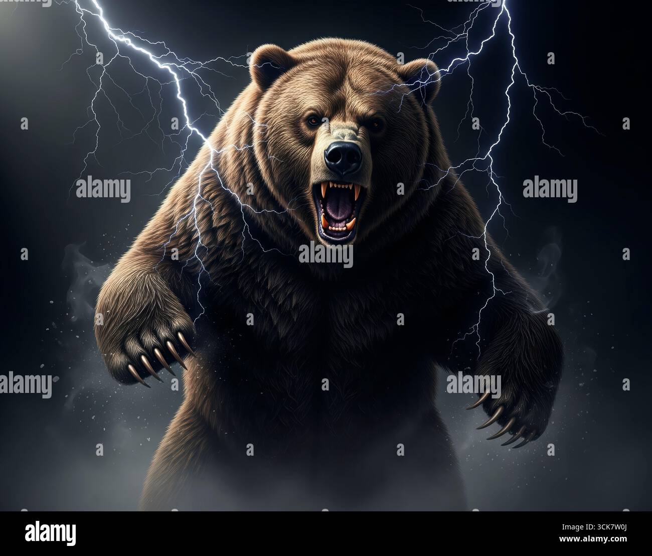 Un ours grizzli puissant avec un rugissement agressif et des griffes, entouré par des éclairs spectaculaires. Cette image saisissante capture la force brute de n Banque D'Images