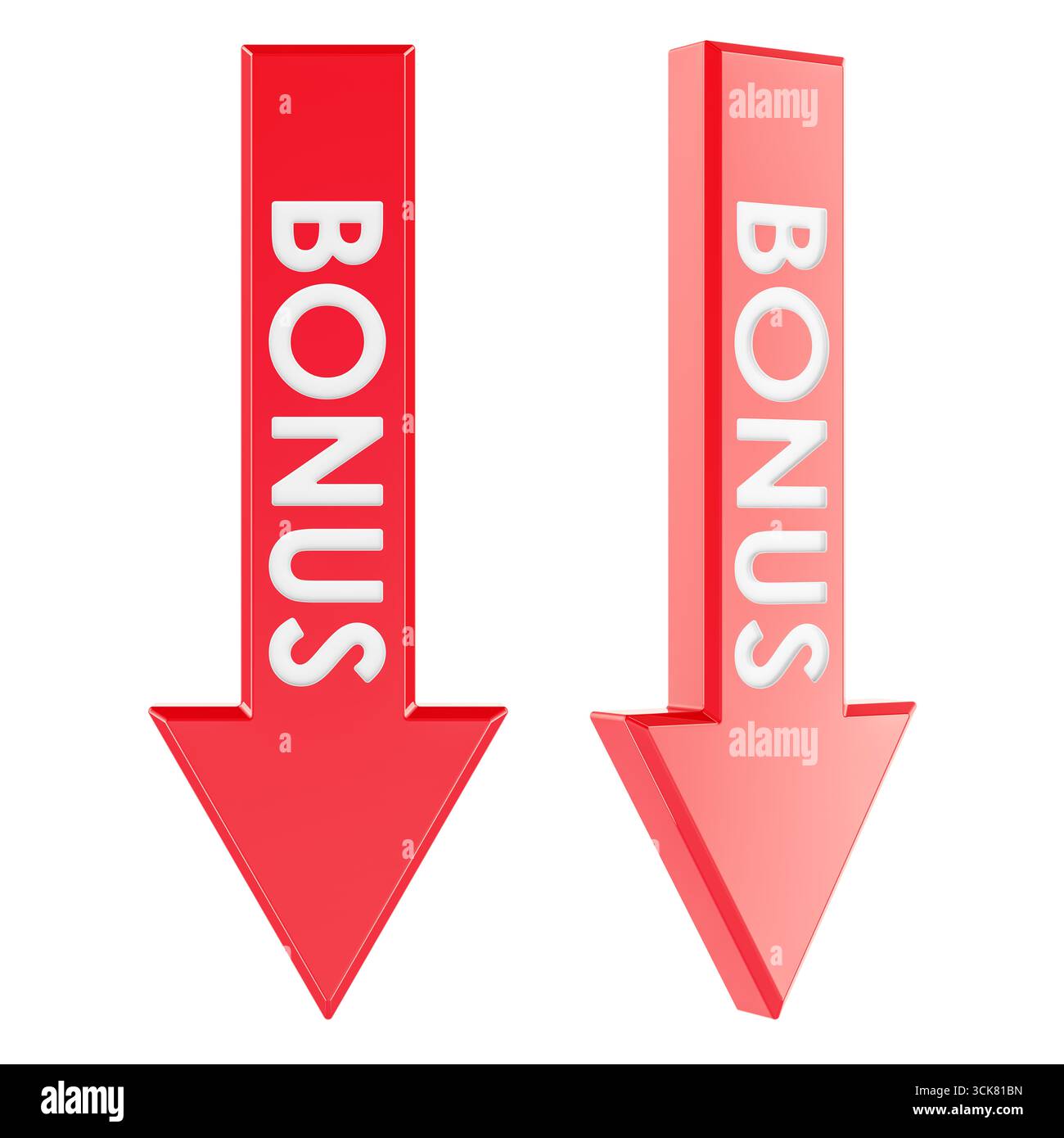 Flèches bonus rouges vers le bas pointant, vues de face et perspective. Rendu 3D isolé sur fond blanc Banque D'Images