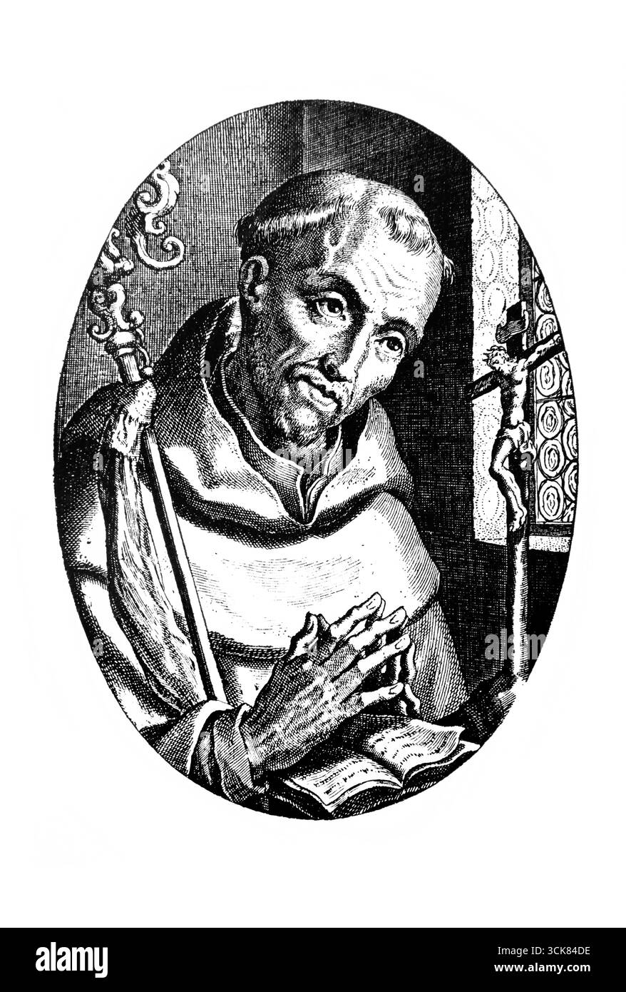 Saint Bernard (1090-1153) dans la prière devant son crucifix d'un Bas-relief de l'Abbaye de Liessies d'après une édition de 1902 du Crucifix sans l'Historie Banque D'Images