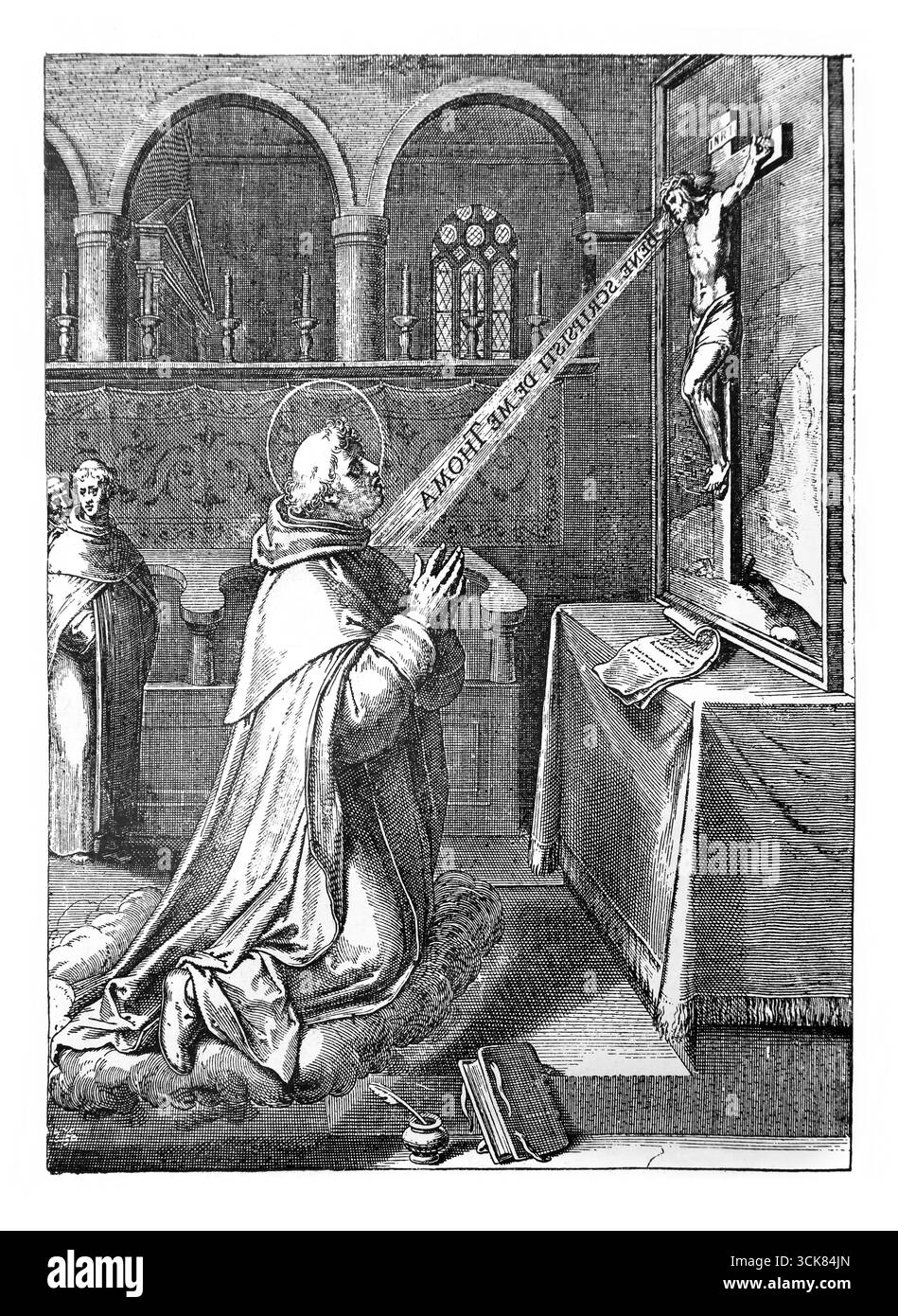 Illustration de Saint Thomas Aquin Vision - une nuit alors que Saint Thomas priait dans la chapelle de Saint Nicolas Naples Italie le crucifix brillait J Banque D'Images