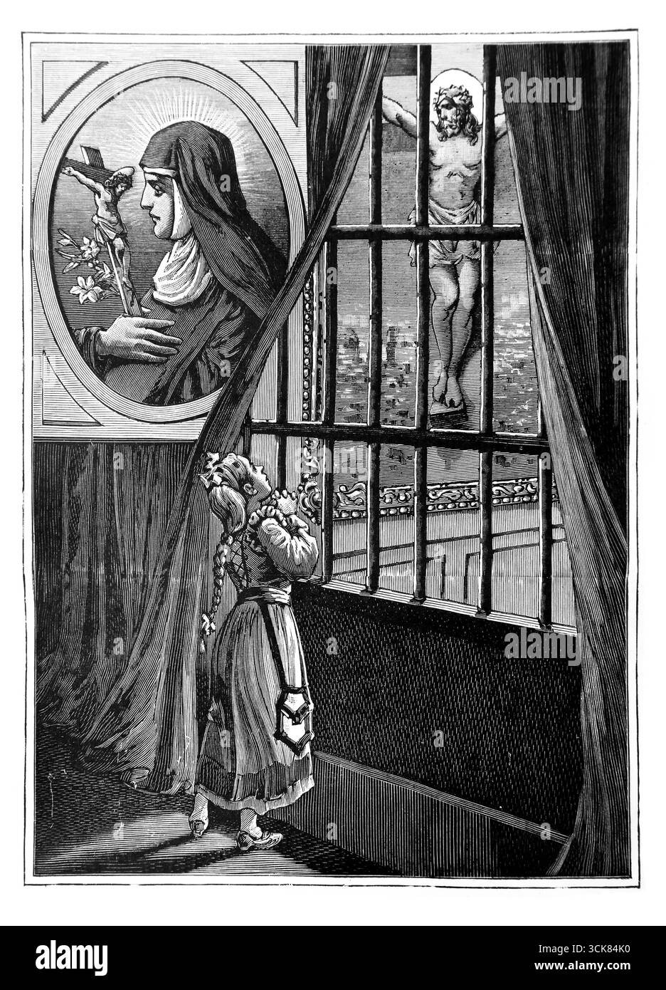 Sainte Catherine de Ricci comme un enfant quand elle embarquait au couvent St Peter Monticelli regardait le crucifix pendant des heures illustration d'un Banque D'Images