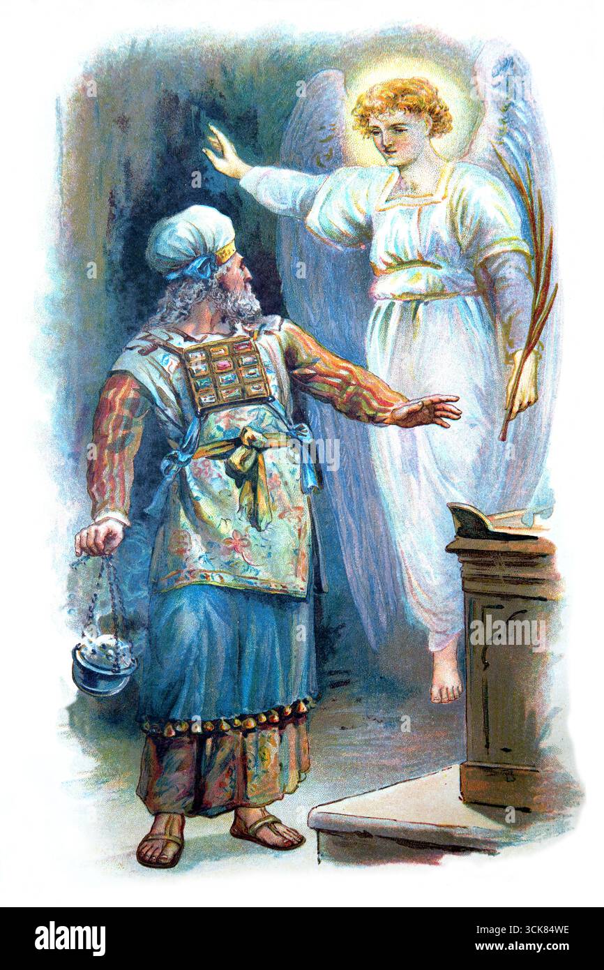 Illustration de l'ange Gabriel apparaissant à Zacharie comme il est à l'autel de l'encens dans le Temple de Jérusalem (Luc) des enfants du XXe siècle Banque D'Images