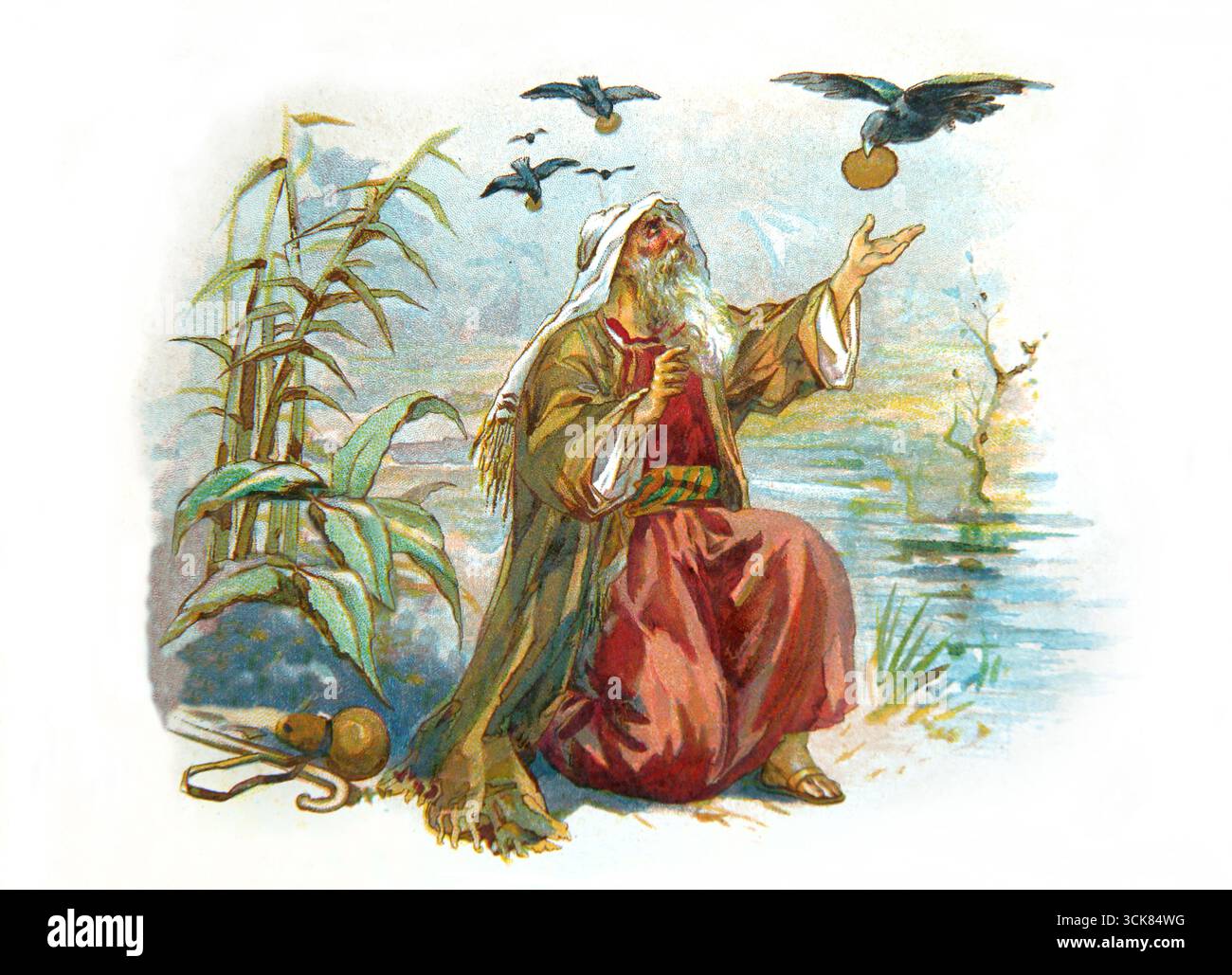 Llustrations du prophète Elijah par le ruisseau étant Fed par les Ravens du livre d'enfants du XXe siècle L'ABC des images bibliques Banque D'Images