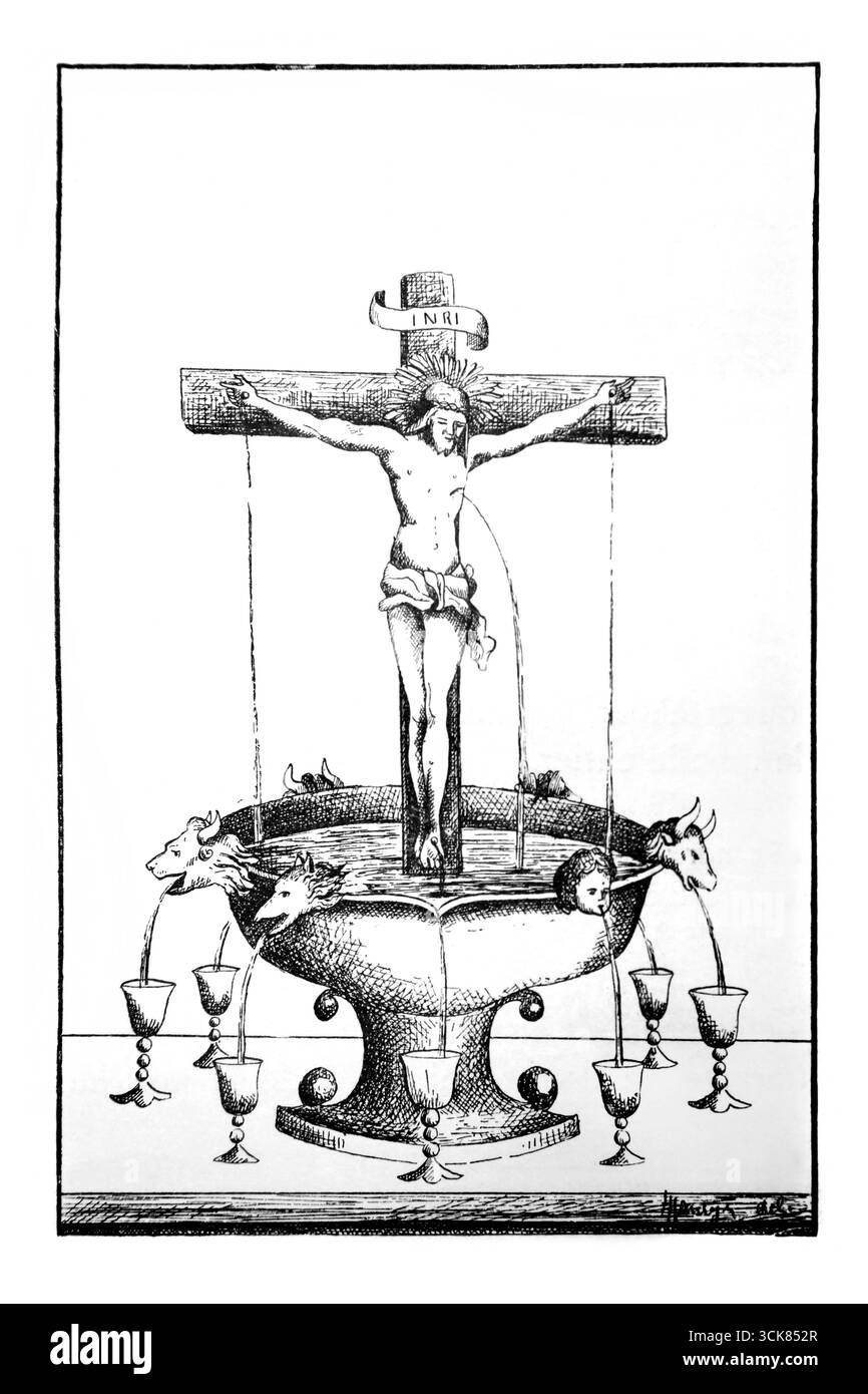 Crucifix avec un bassin en dessous recueillant le sang de Jésus-Christ et se déversant dans les calices sources des sept sacrements de l'illustration de Banque D'Images