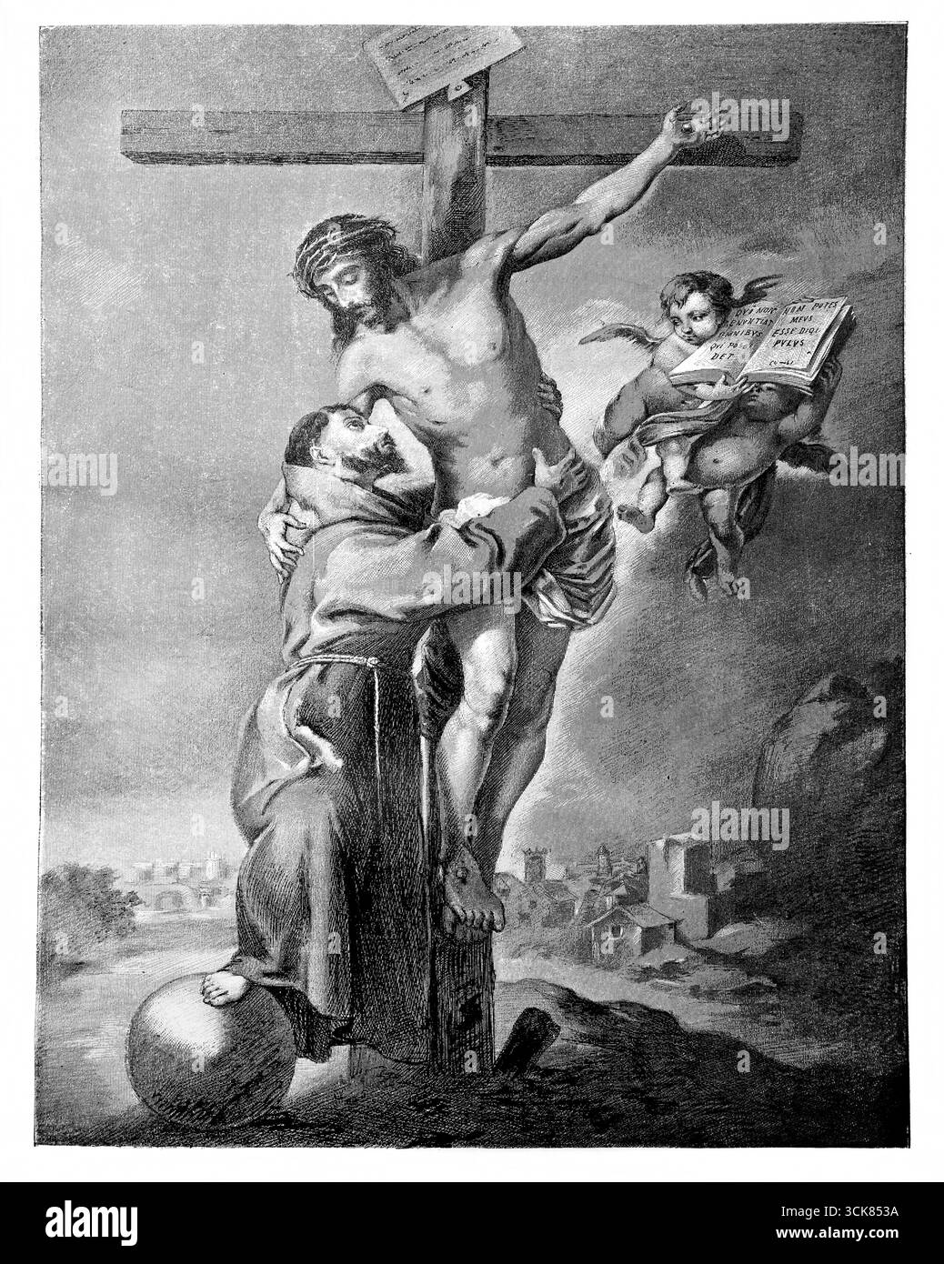 Illustration de la vision de François d'assise du Jésus Christ crucifié (Murillo) tirée d'une édition de 1902 du Crucifix sans l'Historie, sans l'Ar Banque D'Images