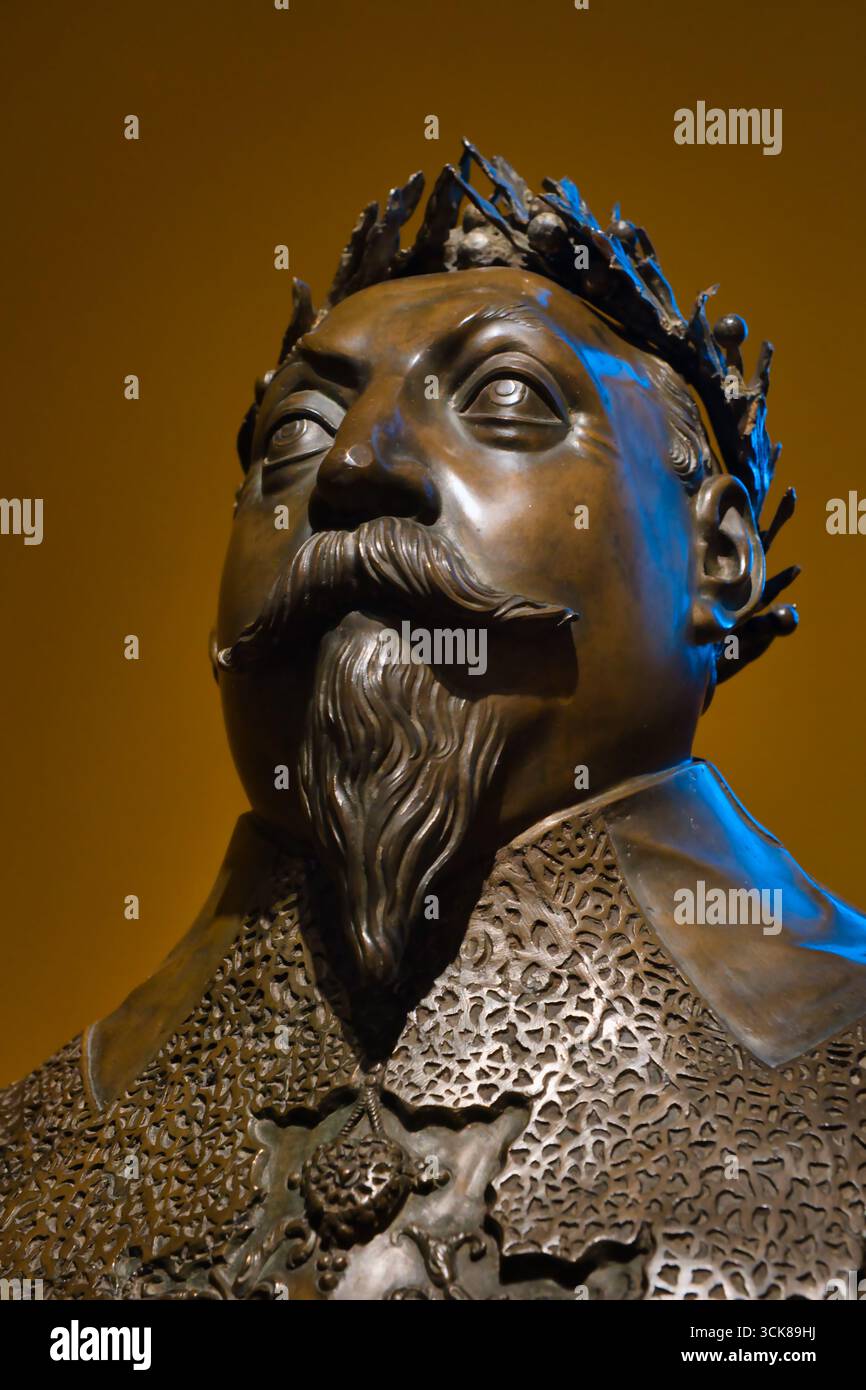 Gros plan du buste en bronze du roi Gustave II Adolphe à l'intérieur du Musée Natonal de Stockholm Banque D'Images