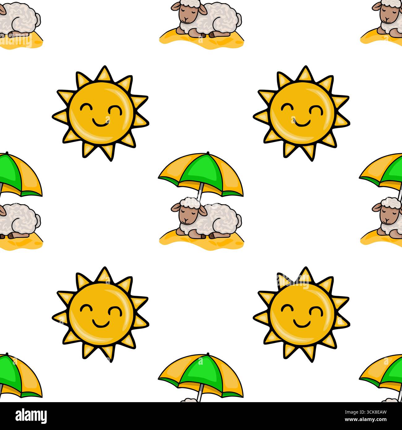 Motif vectoriel joyeux sans couture avec des moutons de bande dessinée mignons sous des parapluies, des soleils heureux et du sable jaune, parfait pour les conceptions sur le thème de l'été. Illustration de Vecteur