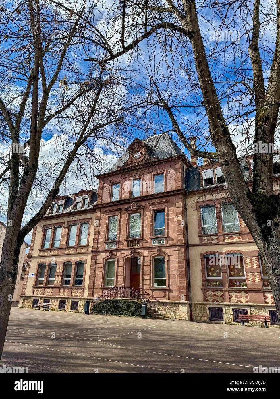 École communale historique à Monbeliard, France, avec façade en pierre rouge et beige, design symétrique, toit en ardoise, lucarnes, arbres sans feuilles - Image de stock capturée avec un smartphone