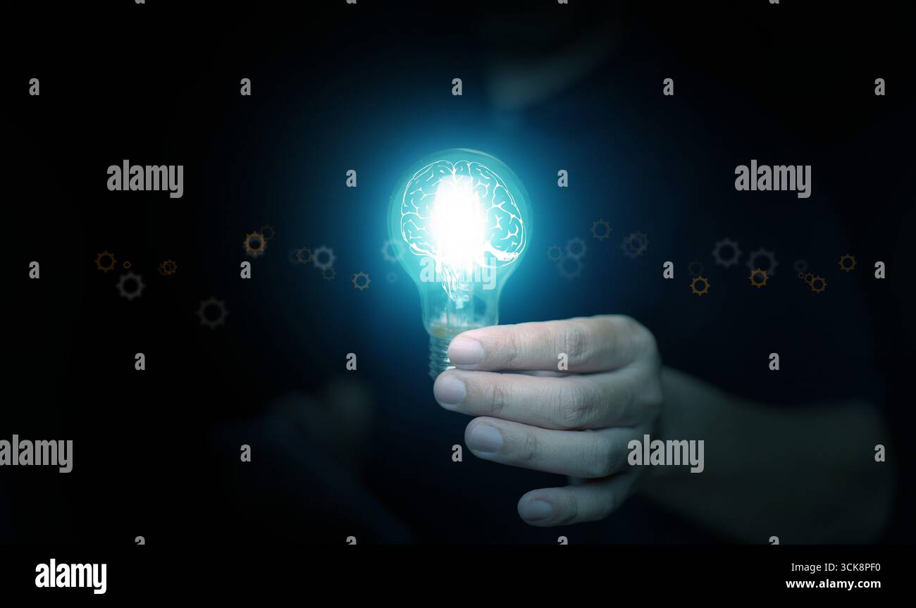 Ampoule bleue brillante avec illustration du cerveau représentant l'intelligence artificielle, l'innovation numérique, la connaissance, la pensée intelligente et la technol du futur Banque D'Images