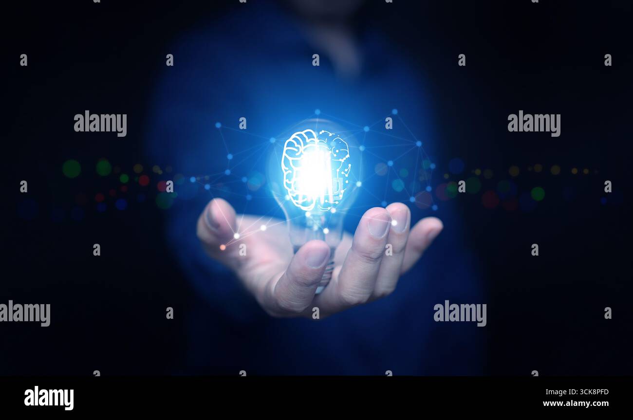 Ampoule lumineuse avec illustration du cerveau et points connectés représentant l'intelligence numérique, la créativité, l'innovation en IA, la pensée intelligente et le moderne Banque D'Images