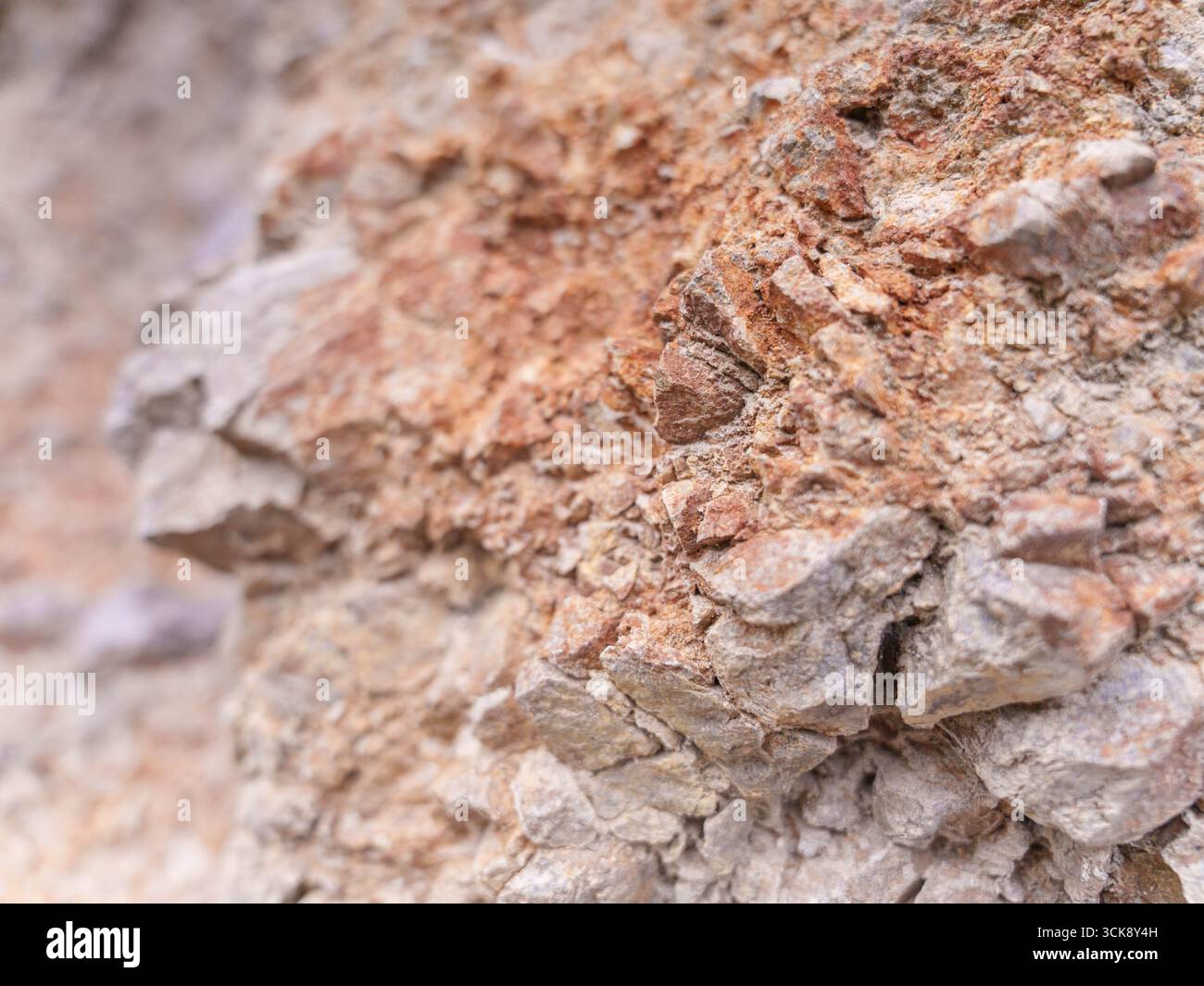 Détail du mur de roche avec des tons gris, beige et rougeâtre Banque D'Images
