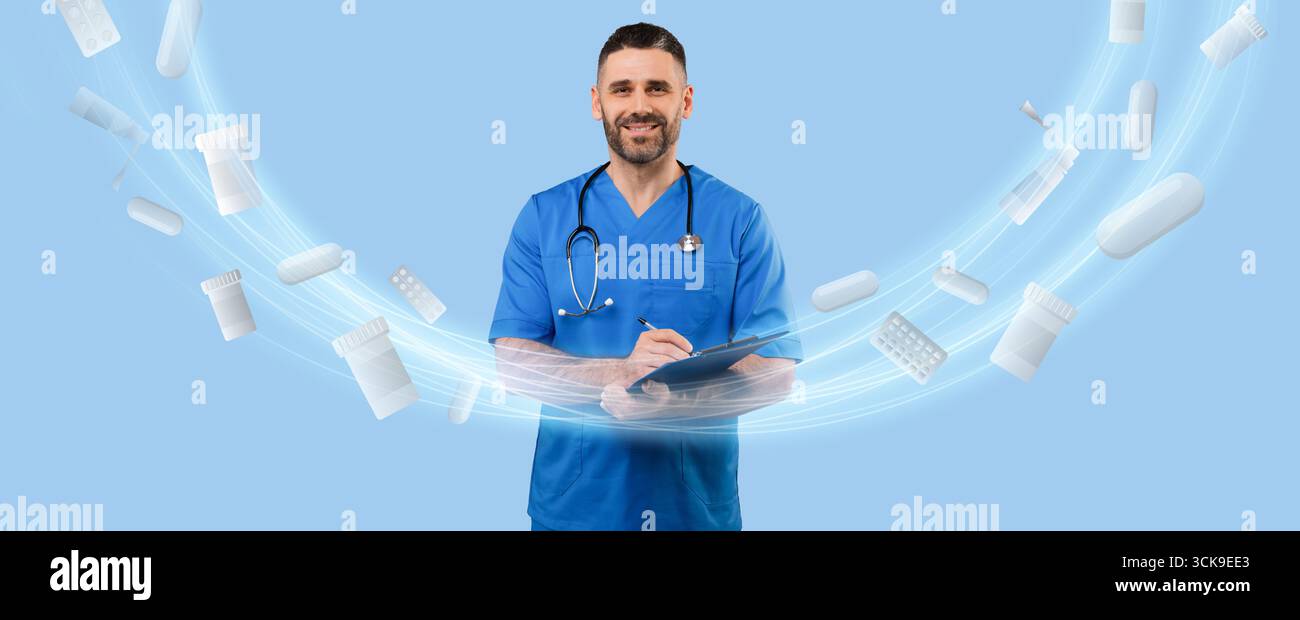 Professionnel de la santé entouré de médicaments dans un design de collage dynamique Banque D'Images
