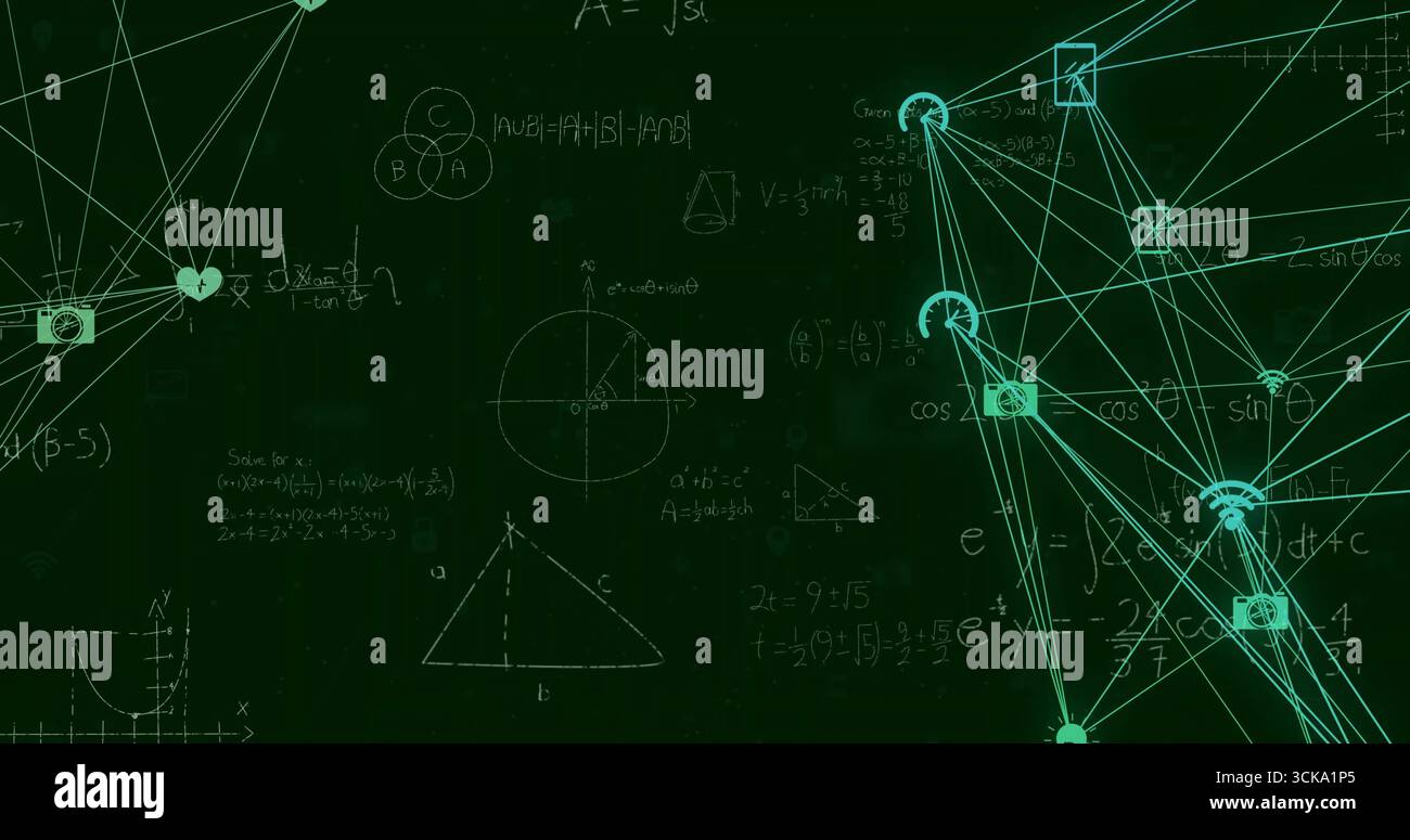 Combinaison des formules de tableau de surveillance et des visuels réseau sur fond vert avec des icônes de périphérique, copiez l'espace Banque D'Images