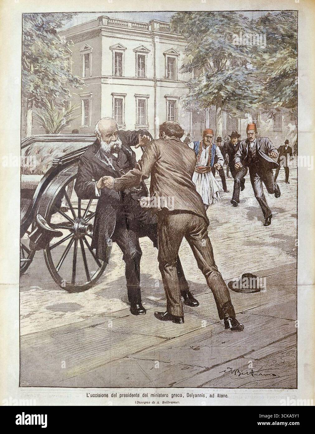 Assassinat du premier ministre grec Deliyannis 1905, illustration vintage d'Achille Beltrame Banque D'Images