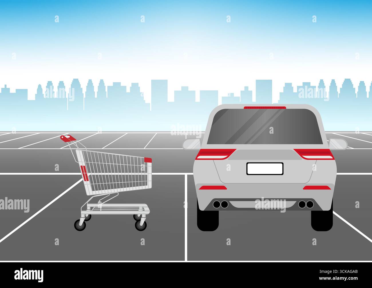 Panier ou chariot dans le parking du supermarché. Concept d'achat. Illustration vectorielle. Illustration de Vecteur