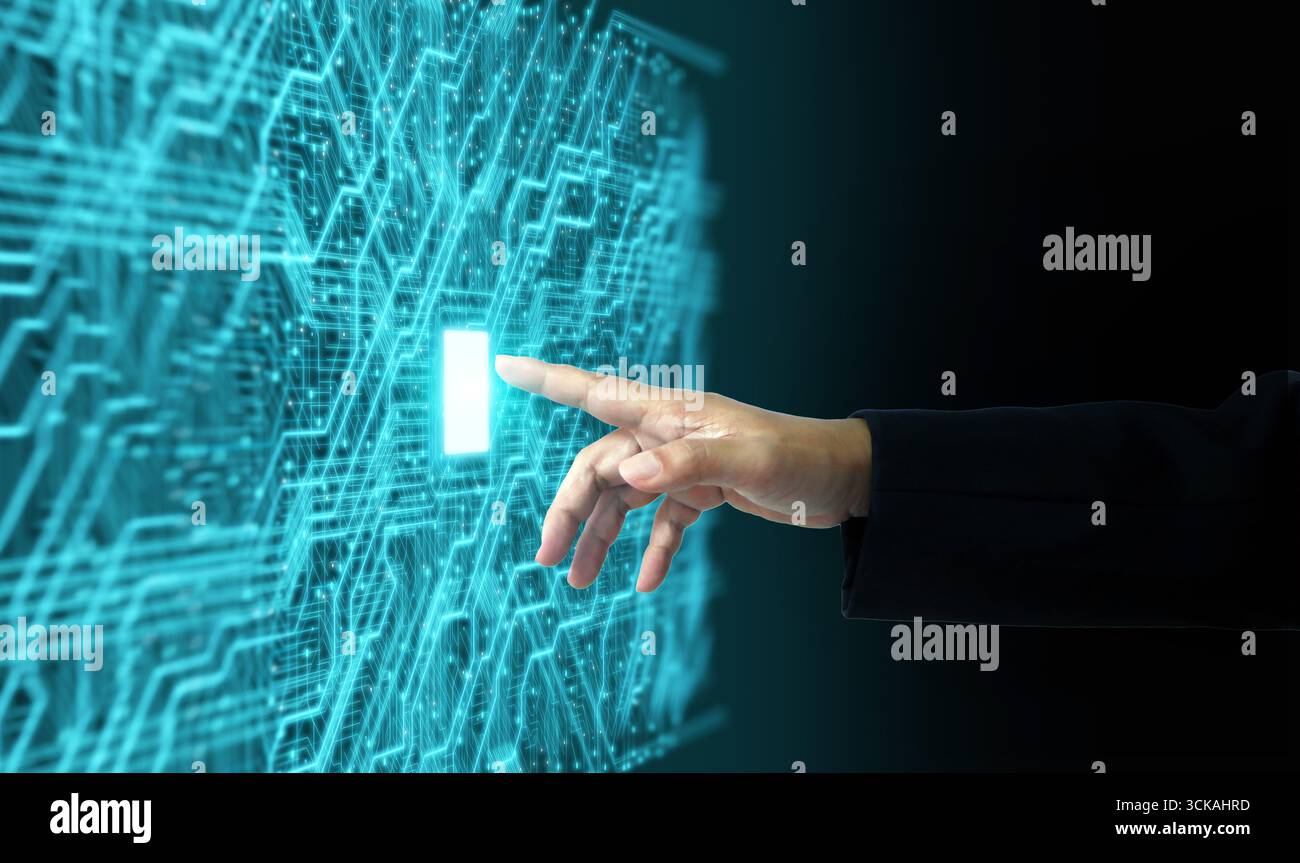 Concept de technologie futuriste avec la main humaine activant le bouton d'alimentation virtuel sur fond de circuit, symbolisant l'IA, l'innovation numérique et le bourdonnement intelligent Banque D'Images